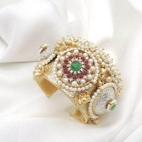 Dual-tone gold silver green red pearl cuff bracelet with ornate floral detailing by joyrias
