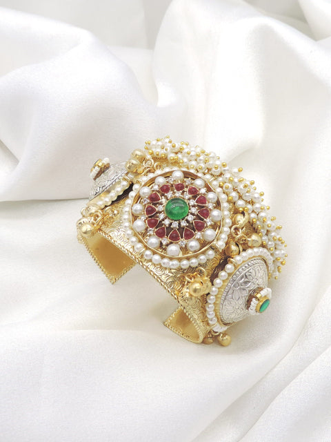 Dual-tone gold silver green red pearl cuff bracelet with ornate floral detailing by joyrias