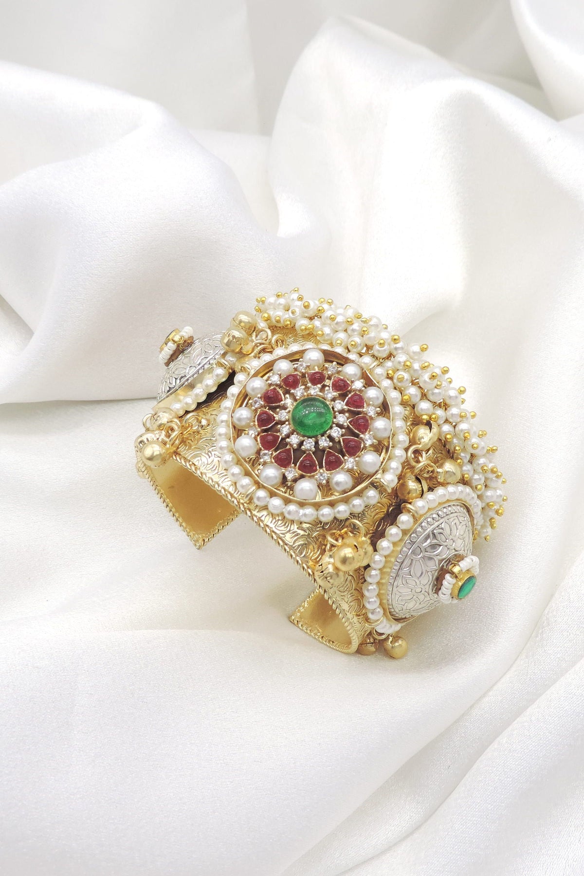 Dual-tone gold silver green red pearl cuff bracelet with ornate floral detailing by joyrias