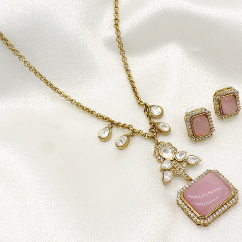 Moissanite Doublet Blush Pink Pendant Set | Gold-Plated Statement Necklace with Matching Stud