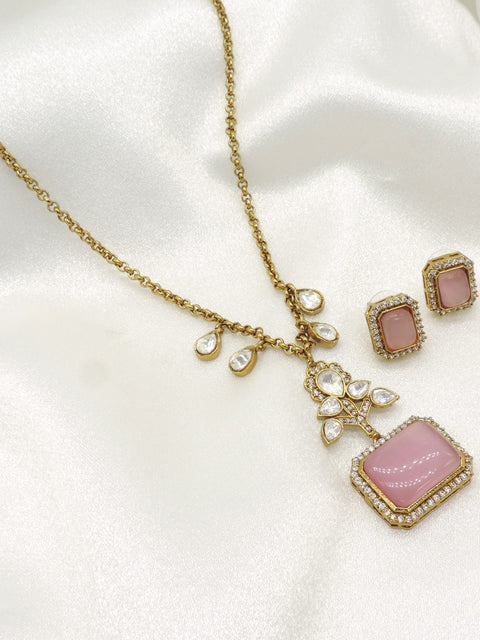 Moissanite Doublet Blush Pink Pendant Set | Gold-Plated Statement Necklace with Matching Stud