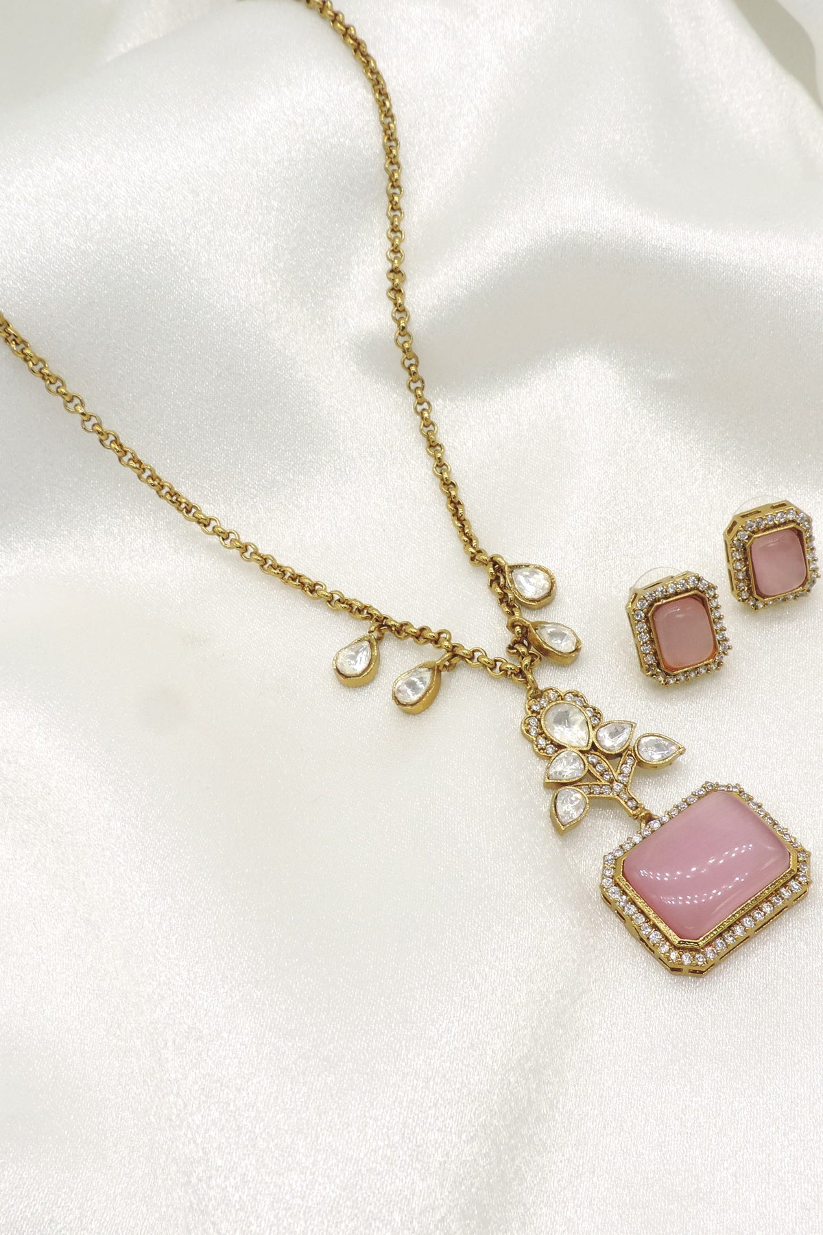 Moissanite Doublet Blush Pink Pendant Set | Gold-Plated Statement Necklace with Matching Stud