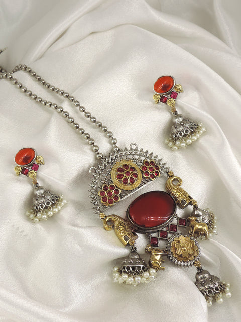 Black Stone Elephant Oxidized Necklace Set