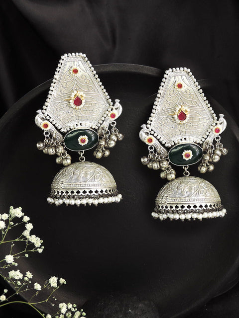 Oxidised Peacock Jhumka Earrings with Black Stone and Pearl Drops