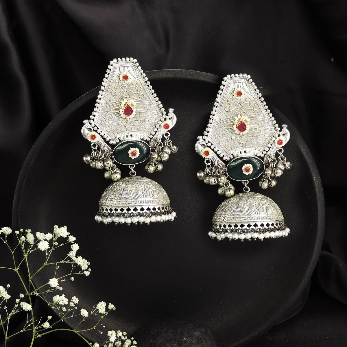 Oxidised Peacock Jhumka Earrings with Black Stone and Pearl Drops