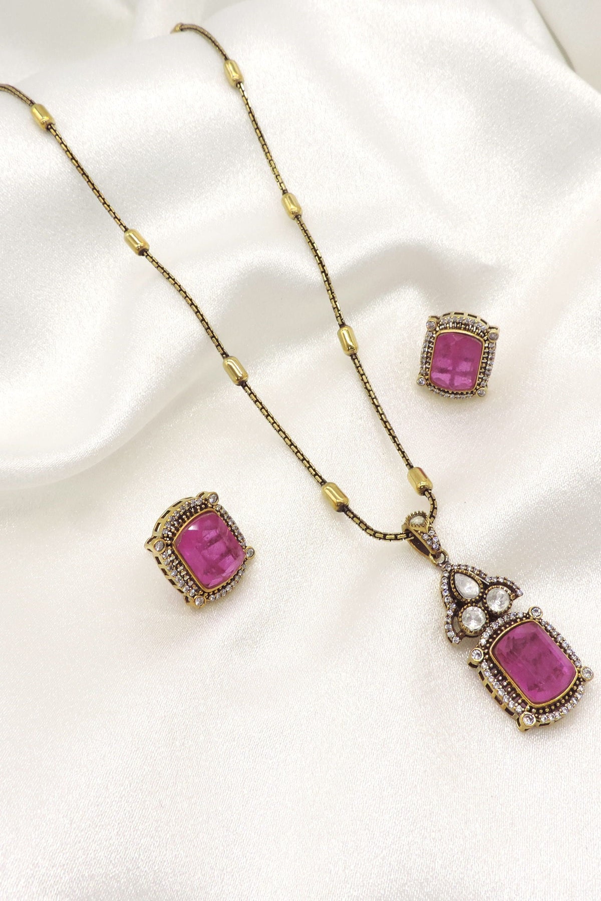 Moissanite Doublet Pink Pendant Set | Gold-Plated Statement Necklace