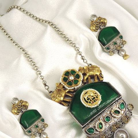 Green Oxidized Temple Necklace Set by Joyrias
