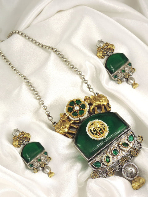 Green Oxidized Temple Necklace Set by Joyrias