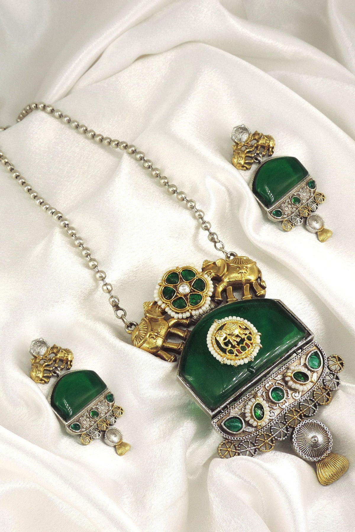 Green Oxidized Temple Necklace Set by Joyrias