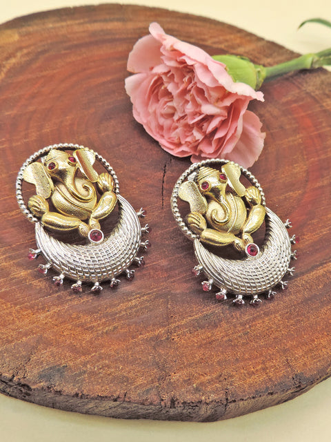 Dual Tone Ganesha Statement Earrings with Multicolor Bead Drops