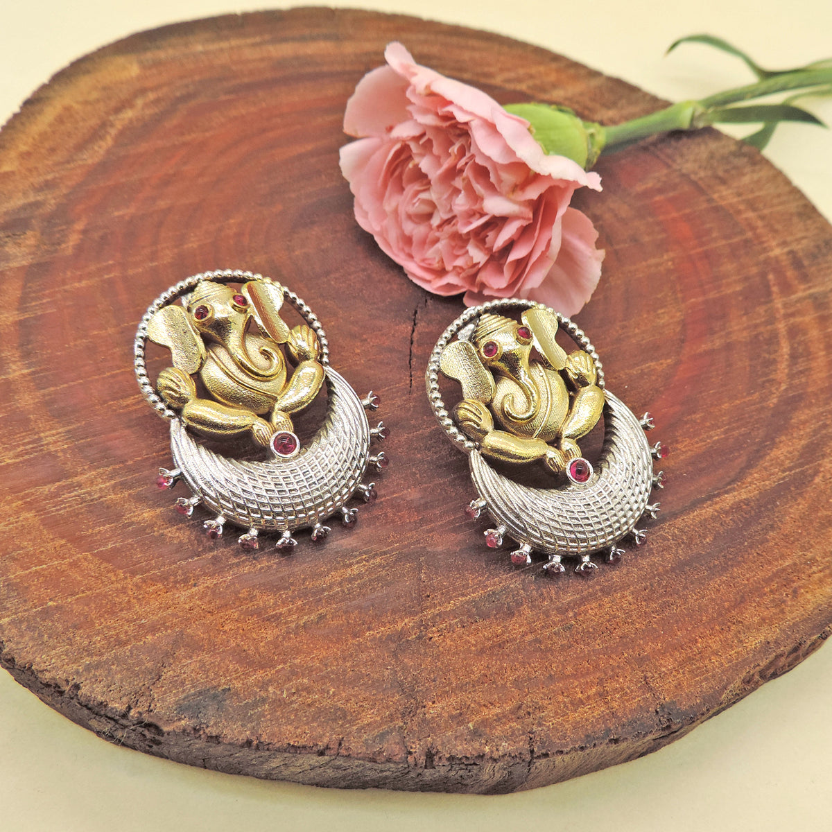 Dual Tone Ganesha Statement Earrings with Multicolor Bead Drops