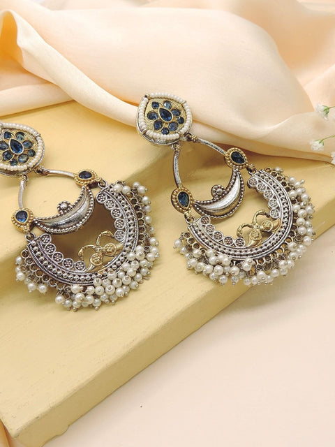 Oxidized blue stone chandbali earrings – Indian traditional chandbali with pearl drops USA – Joyrias