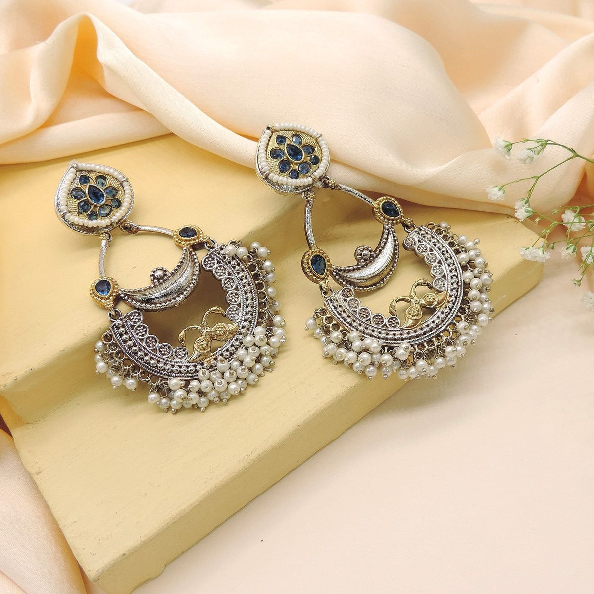 Oxidized blue stone chandbali earrings – Indian traditional chandbali with pearl drops USA – Joyrias
