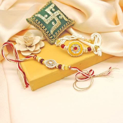 Sunburst Pearl Bhaiya Bhabhi Rakhi Set by Joyrias
