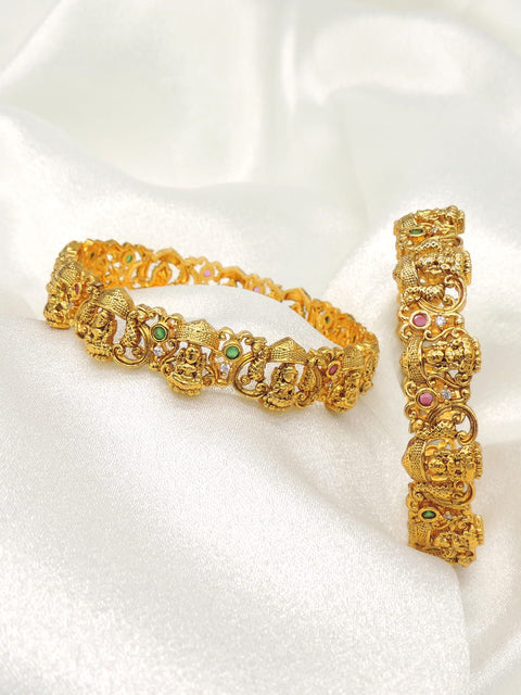 Antique Temple Gold Bangles with Goddess Motif & Stone Accents