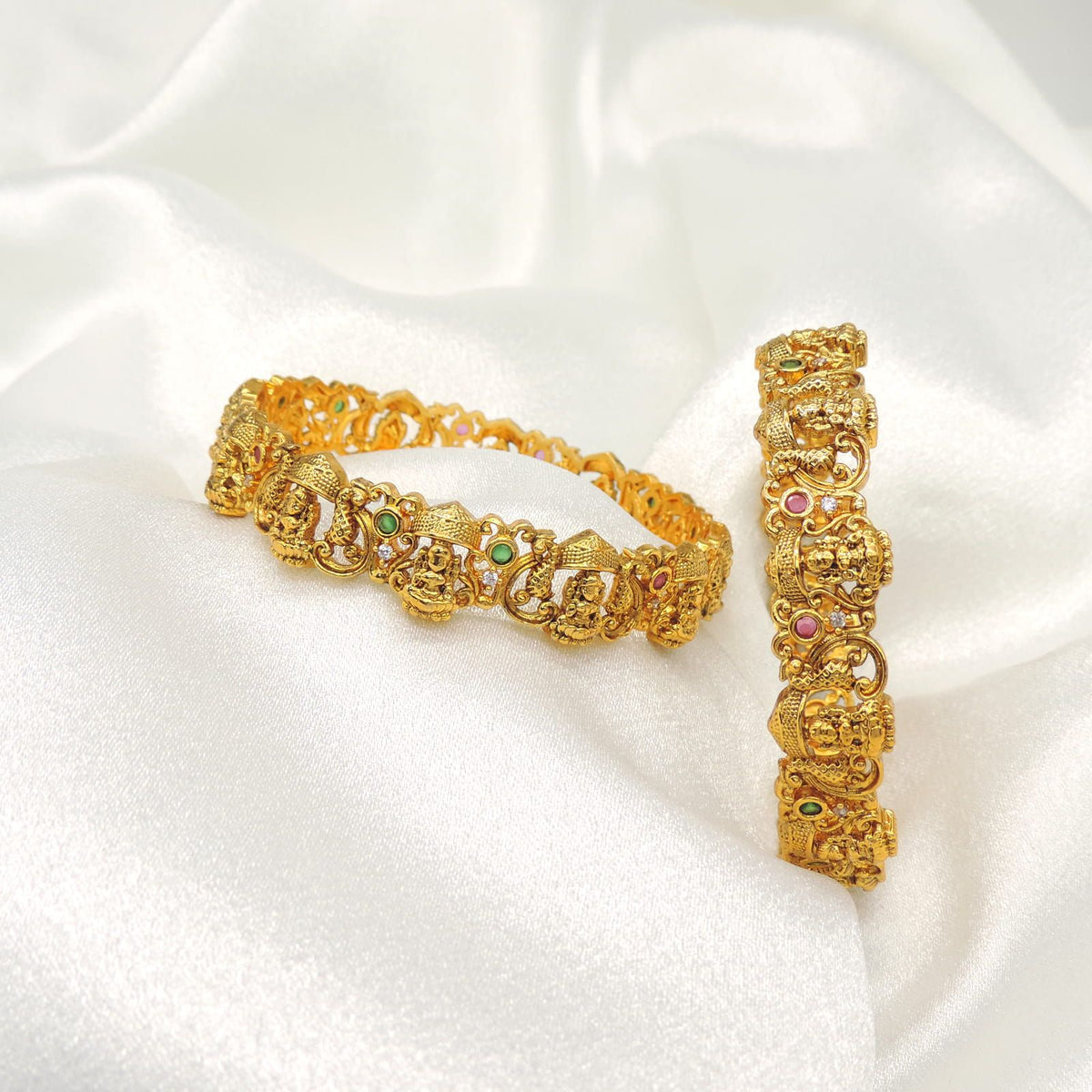 Antique Temple Gold Bangles with Goddess Motif & Stone Accents