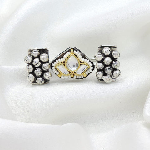 Oxidized white kundan bead ring with antique silver detailing from joyrias