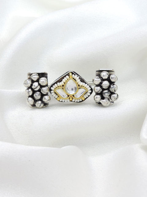 Oxidized white kundan bead ring with antique silver detailing from joyrias