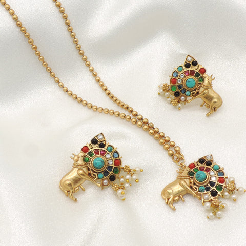 Nandi Ji Temple Pendant Necklace Set | Gold-Plated Multicolor Kundan & Pearl Ethnic Jewelry Set