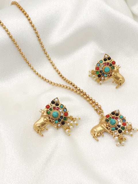 Nandi Ji Temple Pendant Necklace Set | Gold-Plated Multicolor Kundan & Pearl Ethnic Jewelry Set