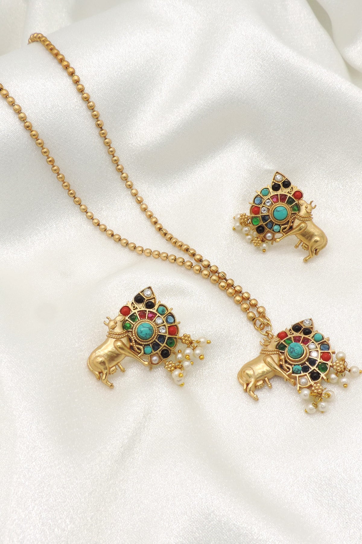 Nandi Ji Temple Pendant Necklace Set | Gold-Plated Multicolor Kundan & Pearl Ethnic Jewelry Set