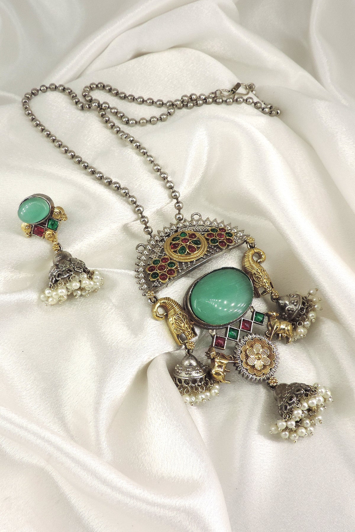Black Stone Elephant Oxidized Necklace Set