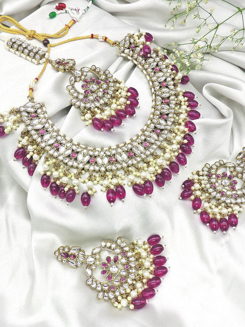 Kundan with pink hangings necklace set – Indian Kundan necklace for weddings USA – Joyrias