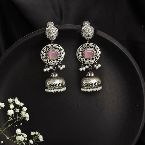 Yellow Stone Lion Motif Oxidised Jhumka Earrings