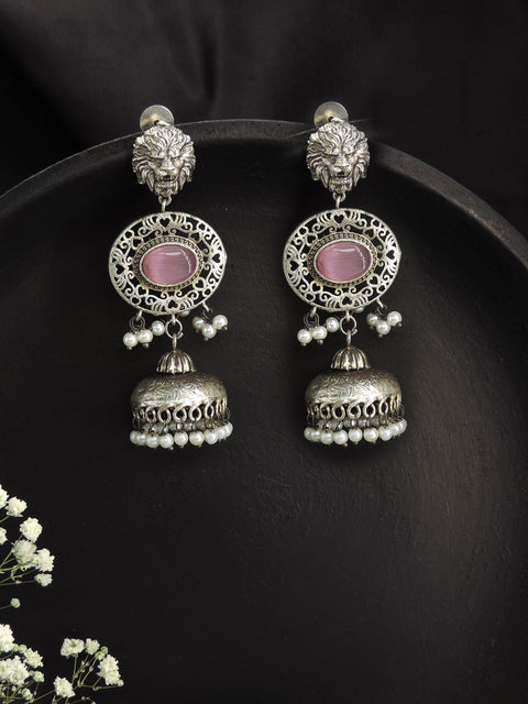 Yellow Stone Lion Motif Oxidized Jhumka Earrings