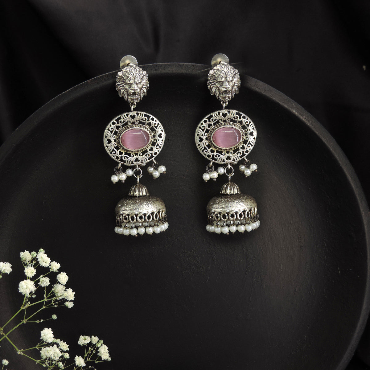 Yellow Stone Lion Motif Oxidised Jhumka Earrings