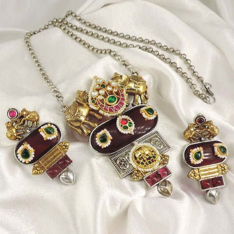 Elephant Maroon Oxidized Necklace Set by Joyrias