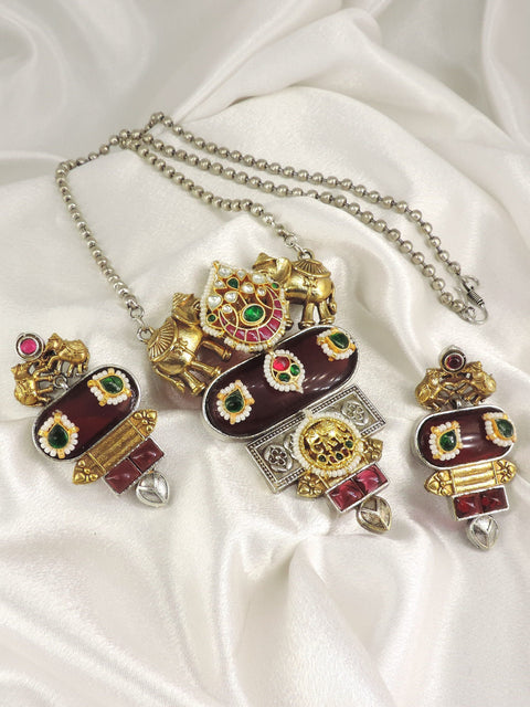 Elephant Maroon Oxidized Necklace Set by Joyrias