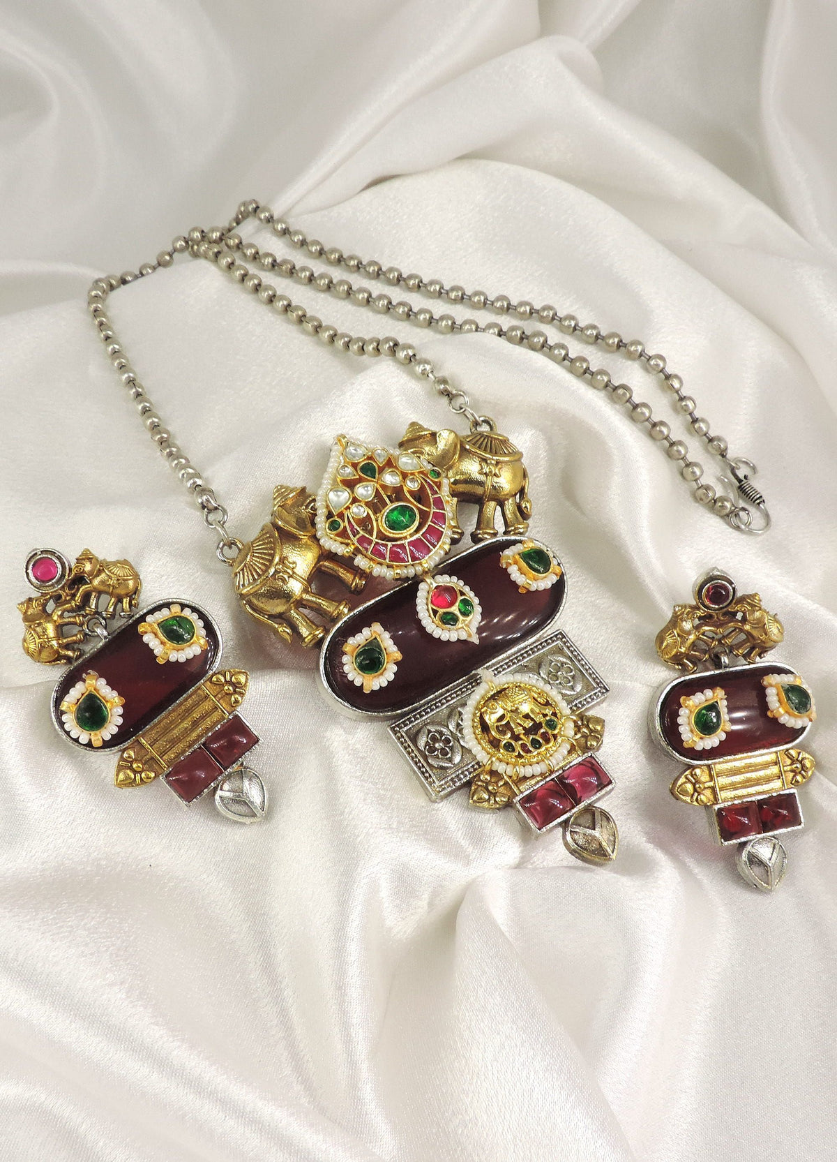 Elephant Maroon Oxidized Necklace Set by Joyrias