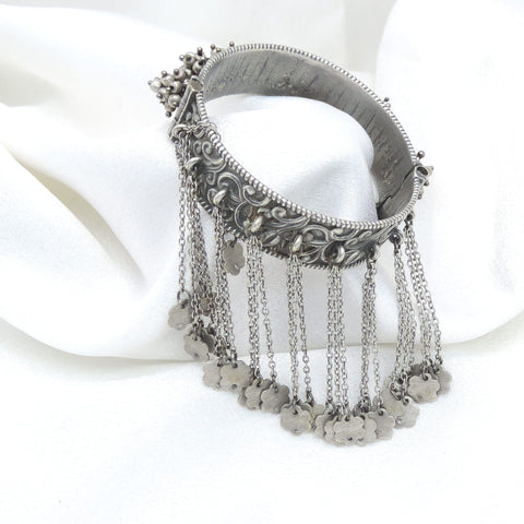 Oxidized silver long chain charm cuff bracelet with floral engraved detailing by joyrias