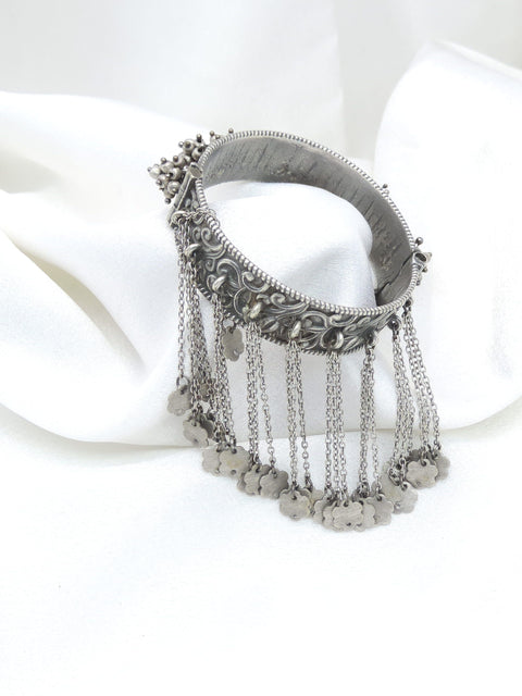 Oxidized silver long chain charm cuff bracelet with floral engraved detailing by joyrias