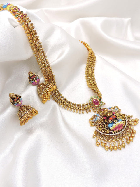 Traditional multicolor temple necklace set with matching jhumka earrings by joyrias