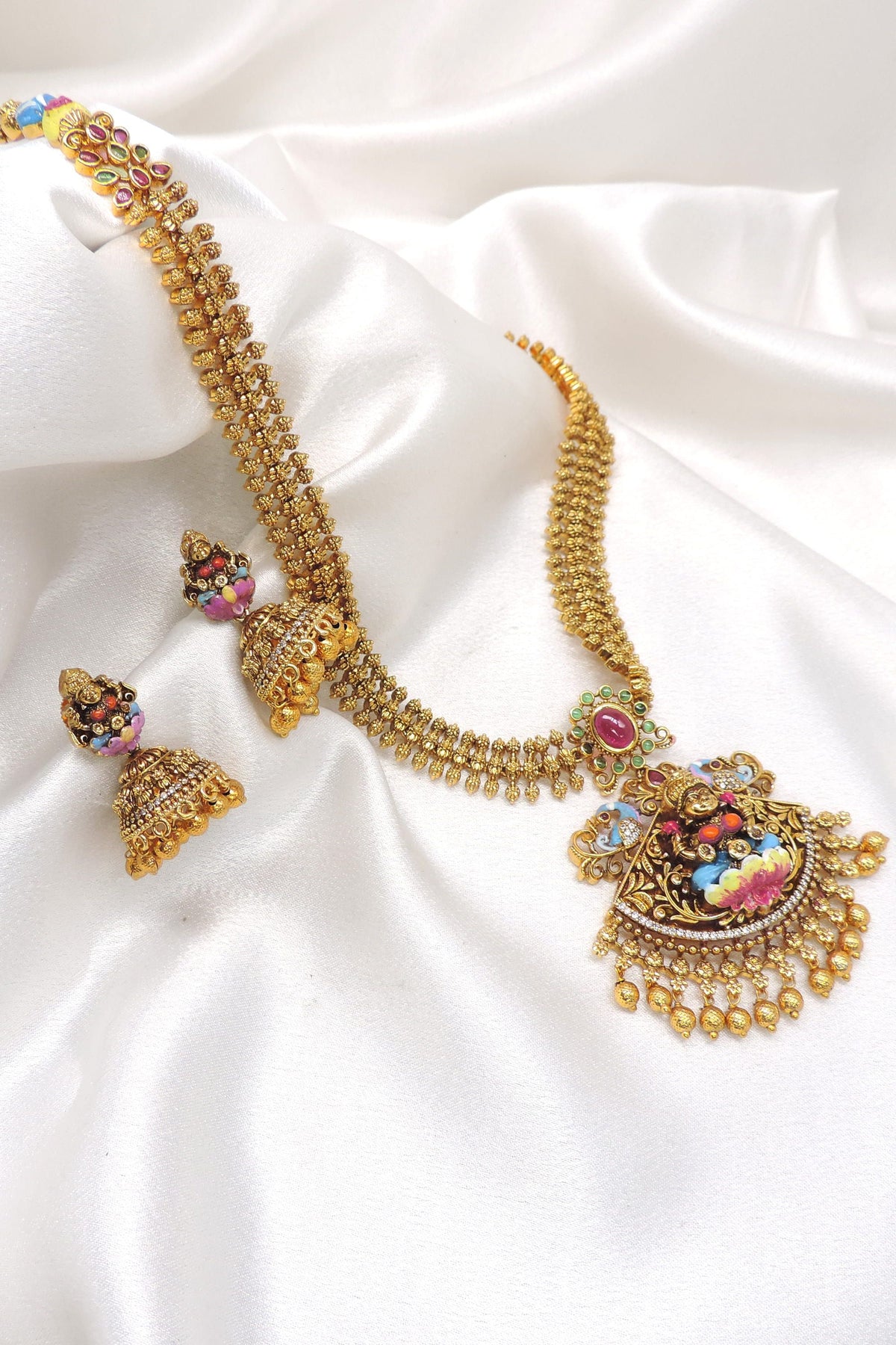 Traditional multicolor temple necklace set with matching jhumka earrings by joyrias