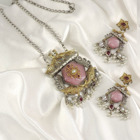 Pink Peacock Dual Tone Pendant Necklace Set by Joyrias