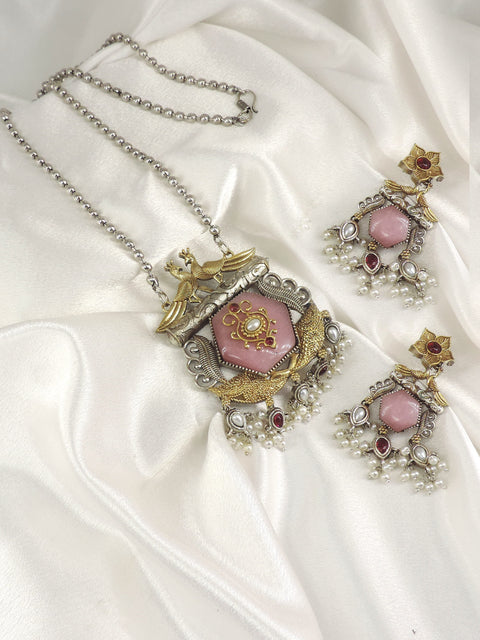 Pink Peacock Dual Tone Pendant Necklace Set by Joyrias