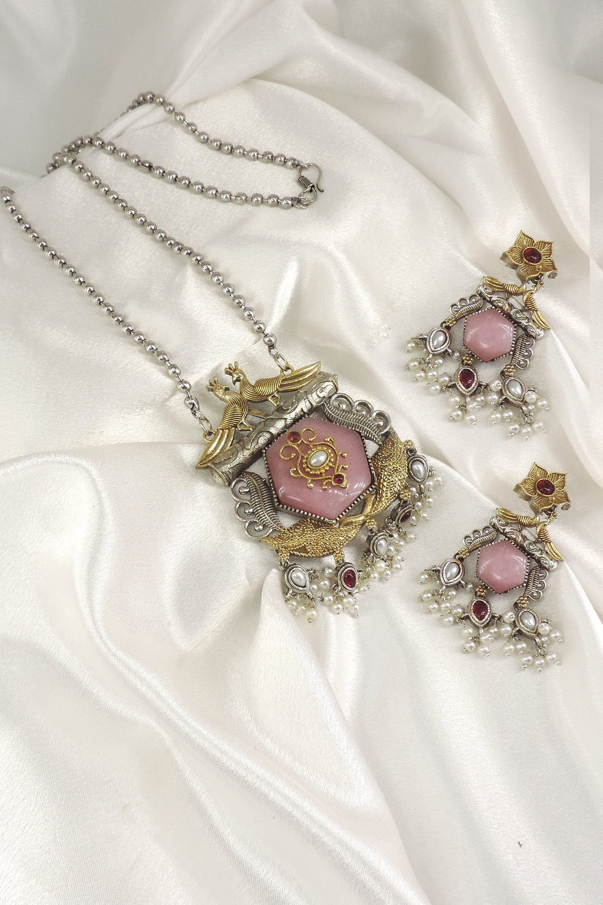 Pink Peacock Dual Tone Pendant Necklace Set by Joyrias