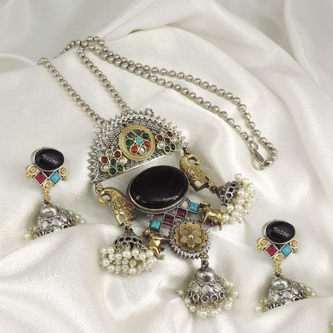 Black Stone Elephant Oxidized Necklace Set by Joyrias
