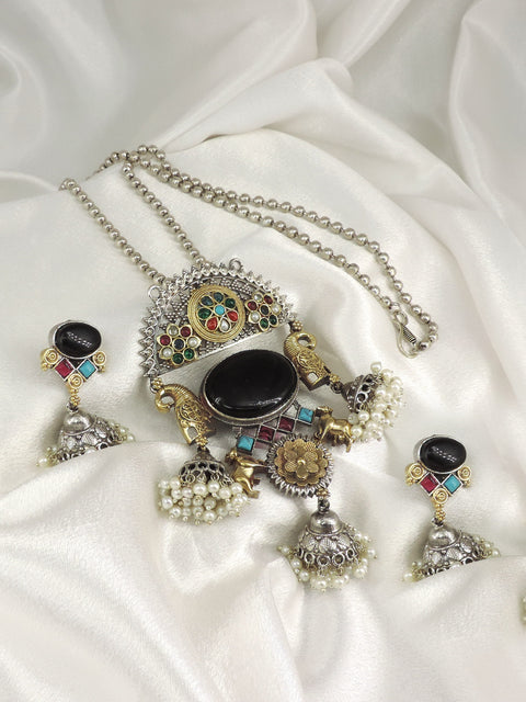 Black Stone Elephant Oxidized Necklace Set by Joyrias