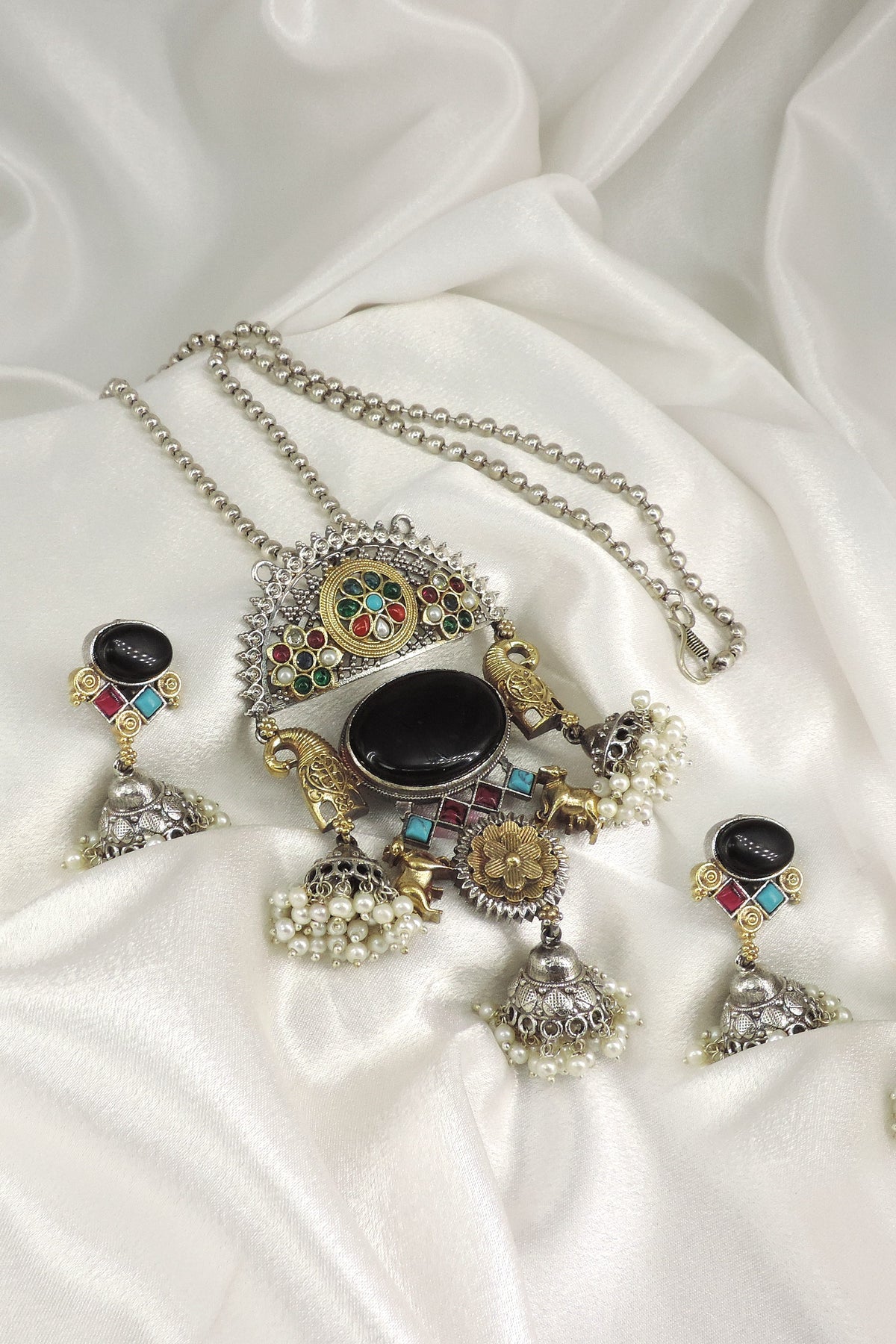Black Stone Elephant Oxidized Necklace Set by Joyrias