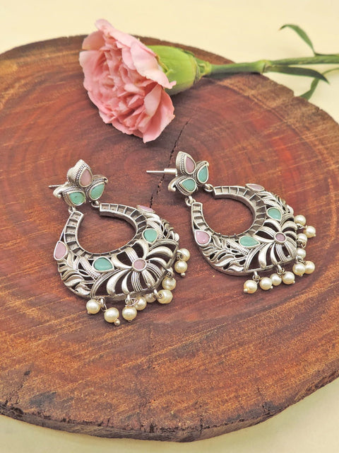 Pastel Stone Oxidized Floral Hoop Earrings with Pearl Drops