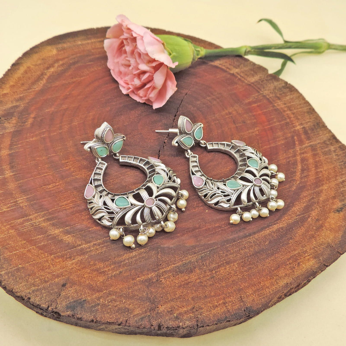 Pastel Stone Oxidized Floral Hoop Earrings with Pearl Drops