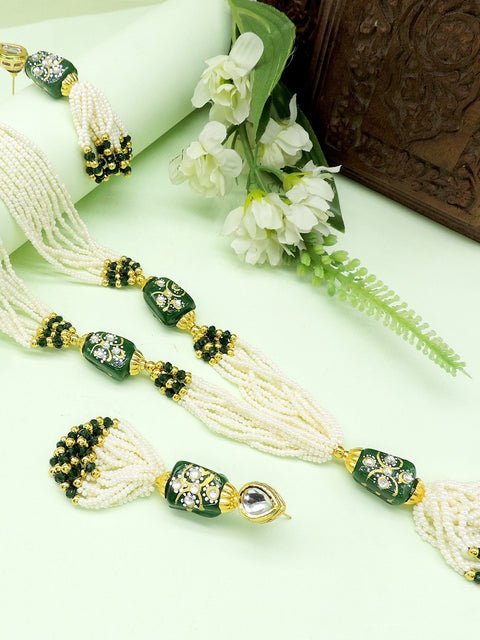 Pearls mala with green beads necklace – Indian pearl mala for weddings USA – Joyrias
