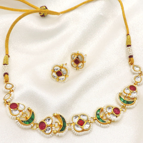 Traditional Jadau Choker Necklace Set with Earrings | Gold-Plated Green & Ruby Red Jewelry