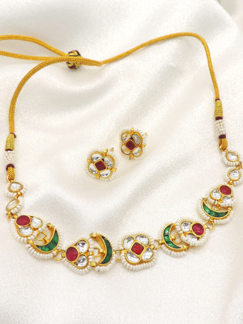 Traditional Jadau Choker Necklace Set with Earrings | Gold-Plated Green & Ruby Red Jewelry