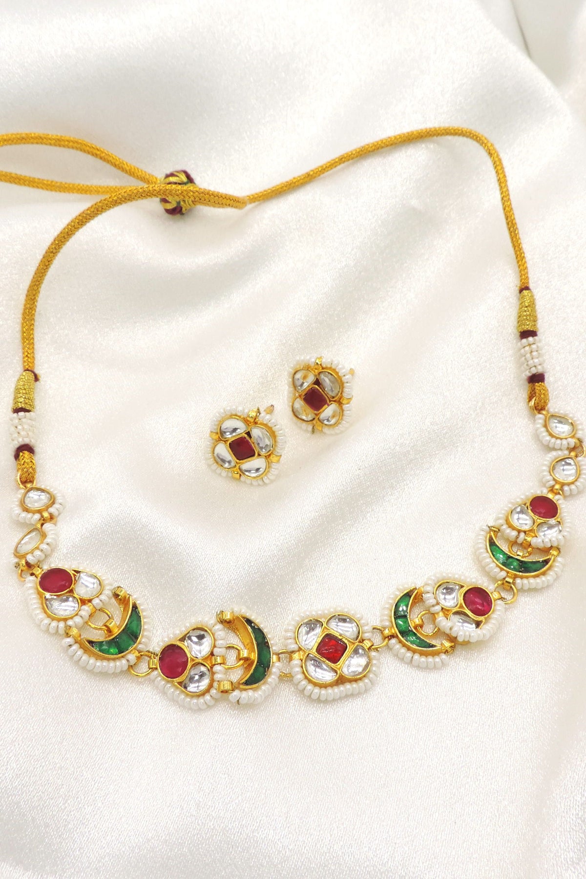 Traditional Jadau Choker Necklace Set with Earrings | Gold-Plated Green & Ruby Red Jewelry