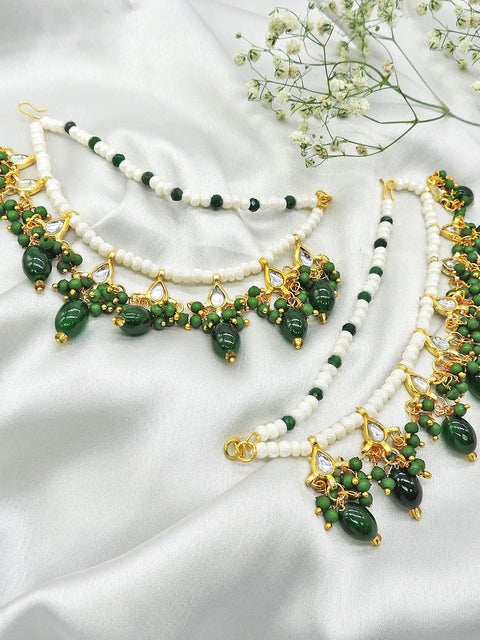 Earrings chains with green drops – Indian chain earrings for ethnic wear USA – Joyrias